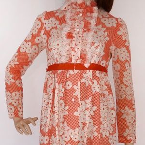 70's Orange & White Floral Empire Maxi Dress